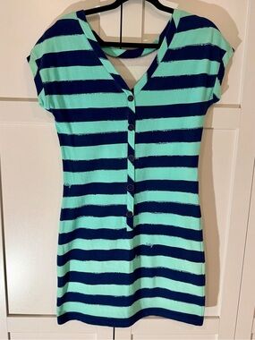 Lilly Pulitzer Navy & Seafoam Striped T-Shirt Dress – Button Front Casual Mini S